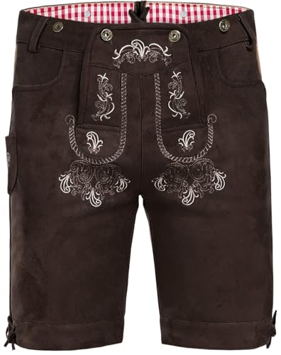AMZHOTER Lederhose Herren Tracht Oktoberfest Trachtenhose Trachtenlederhosen Kurz Lederhosen Mann Braun bayrische Trachten Hose Trachtenmode mit Hosenträger Dunkelbraun 52 von AMZHOTER