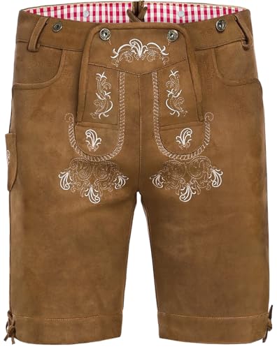 AMZHOTER Lederhose Herren Tracht Oktoberfest Trachtenhose Trachtenlederhosen Kurz Lederhosen Mann Braun bayrische Trachten Hose Trachtenmode mit Hosenträger Hellbraun 52 von AMZHOTER