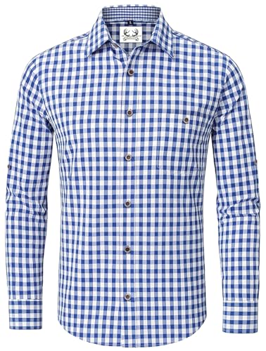 Trachtenhemd Herren Oktoberfest Hemd Kariertes Hemd Outfit Langarm Trachten Hemden Tracht Blau Trachtenhemden Kurzarm Karohemd Freizeithemd Baumwolle 3XL von AMZHOTER