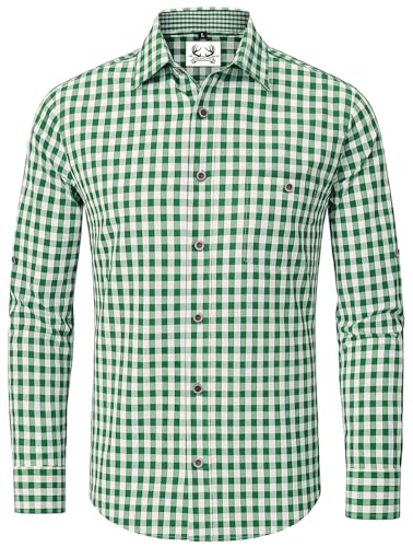 Trachtenhemd Herren Oktoberfest Hemd Kariertes Hemd Outfit Langarm Trachten Hemden Tracht Grün Trachtenhemden Kurzarm Karohemd Freizeithemd Baumwolle 3XL von AMZHOTER