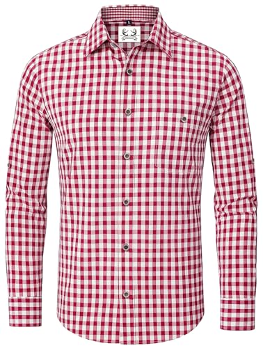 Trachtenhemd Herren Oktoberfest Hemd Kariertes Hemd Outfit Langarm Trachten Hemden Tracht Rot Trachtenhemden Kurzarm Karohemd Freizeithemd Baumwolle 5XL von AMZHOTER
