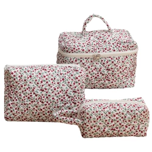 3 Stück Make up Organizer mit Blumenmuster Aufbewahrungstasche Kosmetiktasche Baumwolle gesteppt Kosmetik Organizer Hautpflegetasche mit Reißverschluss für Frauen und Mädchen von AMZLORD