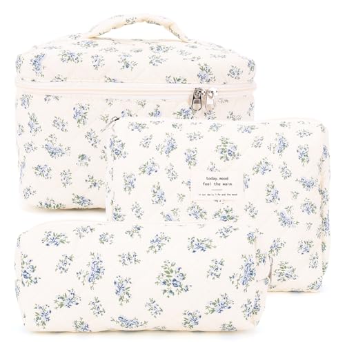 3-teiliges Coquette Makeup Täschchen - Gequiltete Kosmetiktasche mit großem Make-up Set, ästhetische Florale Toilettentasche aus Baumwolle for Reisen, Hautpflege for Damen und Mädchen von AMZLORD