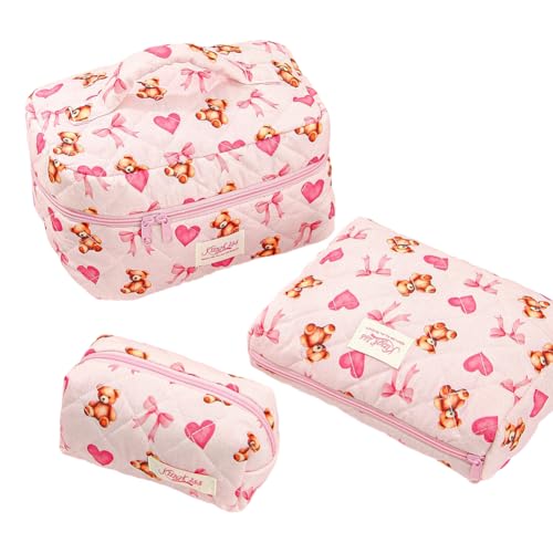 3pcs Frauen Baumwolle Gesteppte Make -up -Tasche Set Reisen Toilettenbeutel (Love Hug Bear) von AMZLORD