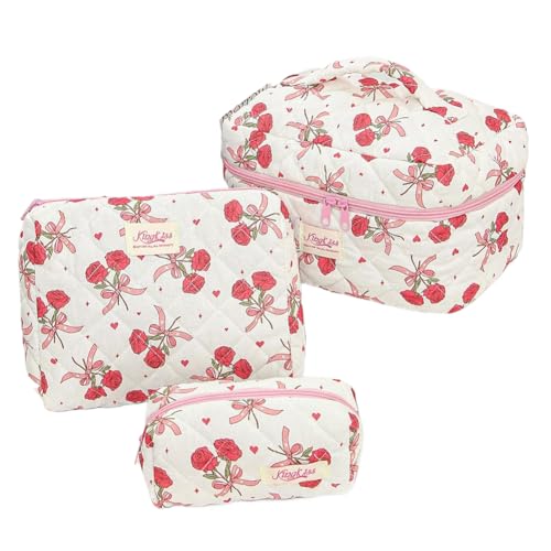 3pcs Frauen Baumwolle gestepptes Make -up -Taschen -Set Reisen -Toilettenbeutel (Rosenstrauß) von AMZLORD