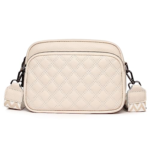 AMAZON Damen Umhängetasche, Leder Crossbody Schultertasche, Breiter Riemen Abendtasche mit 3 Reißverschlussfächern Handtaschemit mit Kartenschlitz Verstellbar Abnehmbar Schultergurt-Beige von AMZLORD