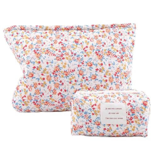 AMZLORD 2PCS Gesteppte Makeup Tasche for Damen Blumen Kosmetiktasche weiche Makeup Organizer Tasche gepolsterte ästhetische Reißverschlusstasche Makeup Aufbewahrungstasche von AMZLORD