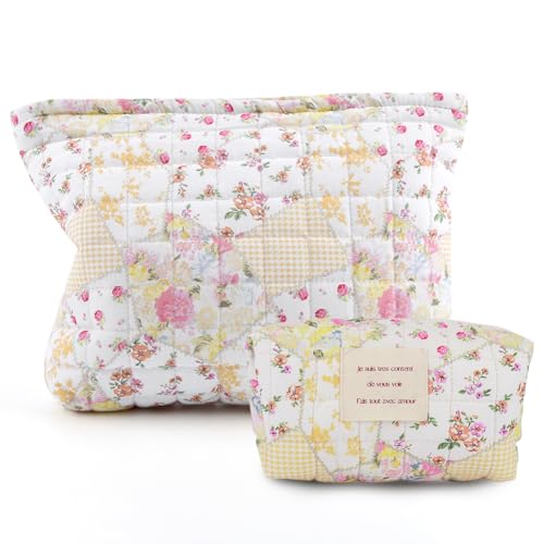 AMZLORD 2PCS Gesteppte Makeup Tasche for Damen Blumen Kosmetiktasche weiche Makeup Organizer Tasche gepolsterte ästhetische Reißverschlusstasche Makeup Aufbewahrungstasche von AMZLORD