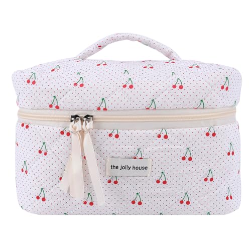 AMZLORD Baumwolle Gesteppte Kosmetiktasche Großer niedliches Kirschweg Make -up -Beutel -Make -up -Organisator Aufbewahrungstasche for Frauen und Mädchen von AMZLORD