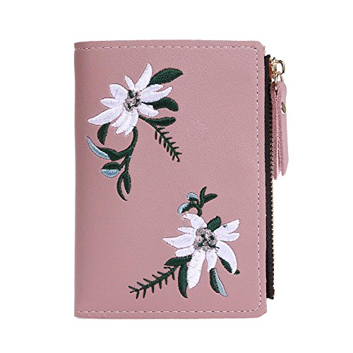 AMZLORD Damen PU-Leder Münzkartenhalter Einfache Blumen Stickerei Frauen Kurze Geldbörsen Mini Clutch Geldbörsen von AMZLORD