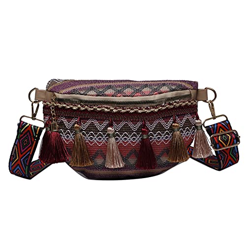 AMZLORD Frauen Vintage -Umhängetasche mit Fransendekor -Leinwand Geometriemuster Schlinge EIN verstellbares Riemen Freizeit Tassel Taille Pack weibliche tägliche Tasche von AMZLORD