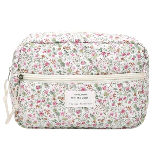 AMZLORD Gesteppte Makeup Tasche für Damen Kosmetiktasche mit Blumenmuster ästhetische Reise Kulturtasche Makeup Clutch mit Blumenmuster einfache Hautpflegetasche Makeup Aufbewahrungstasche von AMZLORD