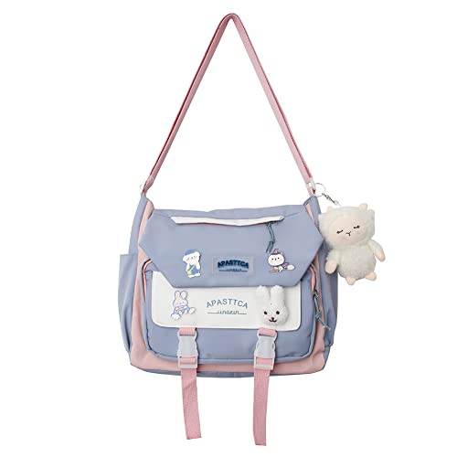 AMZLORD Kawaii-Rucksack mit Blumen-Anhänger, niedlicher ästhetischer Rucksack for Frauen, Kawaii-Handtasche mit Kawaii-Pin und Zubehör, Laptop-Büchertasche, 32 x 28 x 11 cm, blau von AMZLORD