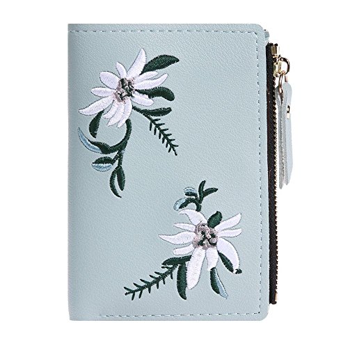 AMZLORD Mini-Clutch-Geldbörsen, einfache Blumen-Stickerei, Kurze Damen-Geldbörsen, PU-Leder, Münzkartenhalter von AMZLORD