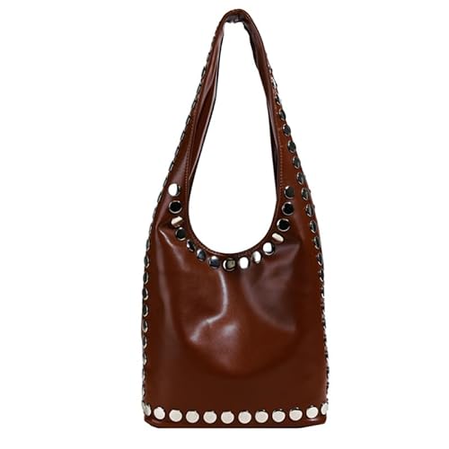 AMZLORD Women Nieter Bucket Handtasche PU Leder Retro Unterarm Bag Arbeitstasche (hellbraun) von AMZLORD