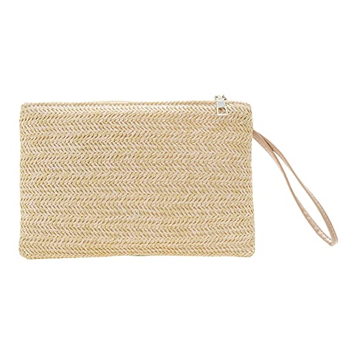 Damen Bohemian Style Strand Sommer gewebte Clutch Handgelenktasche einfarbig, beige von AMZLORD