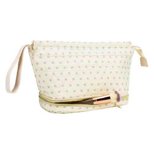 Gesteppte Blumenkosmetikbeutel -Make -up -Organizer -Toilettenbeutel for Frauen (Gelb) von AMZLORD