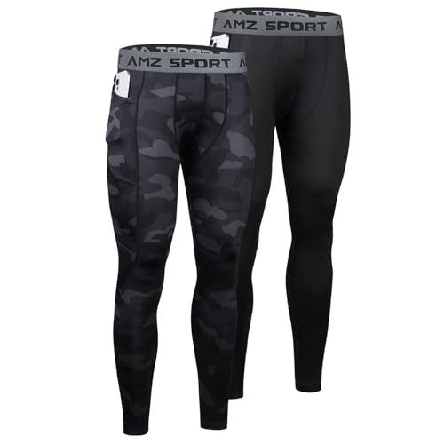 AMZSPORT 2er Pack Herren Kompressionshose, Lange Atmungsaktive Laufhose, Sport Leggings Tights für Training, Fitness, Radfahren, Basketball und Gym Schwarz Tarnung Schwarz S von AMZSPORT