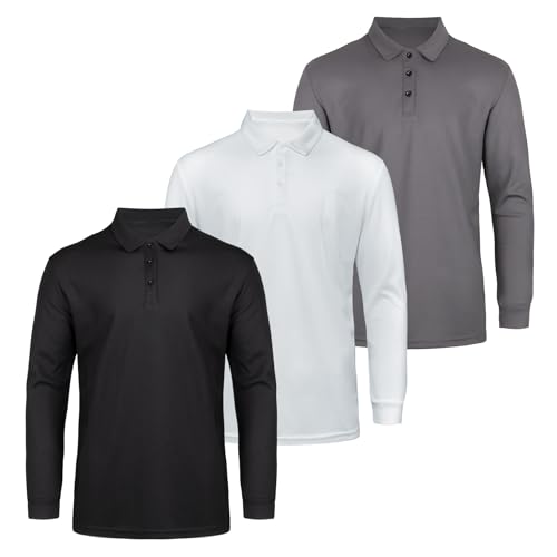 AMZSPORT 3er Pack Herren Polohemd Atmungsaktiv Langarmhemd Golf Casual Sportoberteil mit 3 Knöpfen für Arbeit und Outdoor,SchwarzWeißGrau M von AMZSPORT