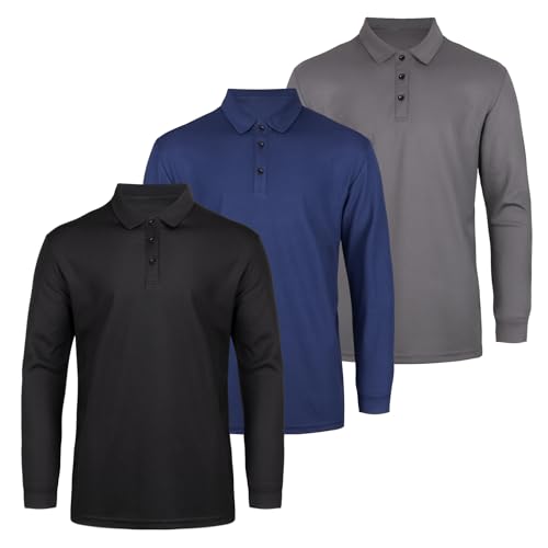 AMZSPORT 3er Pack Herren Polohemd Atmungsaktiv Langarmhemd Golf Casual Sportoberteil mit 8 Knöpfen für Arbeit und Outdoor,SchwarzGrauBlau L von AMZSPORT