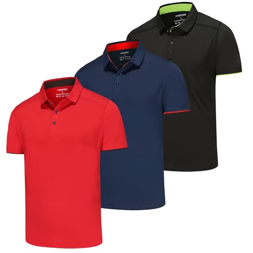 AMZSPORT 3er Pack Herren Poloshirt Basic Kurzarm Polo T Shirt Slim Fit Golf Polohemd Schwarz Marineblau Rot S von AMZSPORT