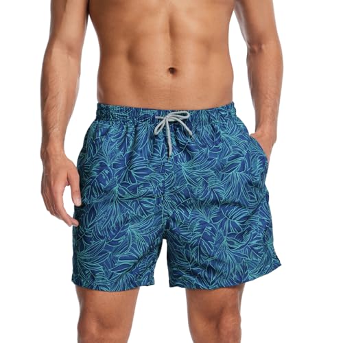 AMZSPORT Badehose Herren Wasserabweisend Badeshorts Schwimmhose mit Mesh-Futter und Taschen, Blau Blatt XXL von AMZSPORT