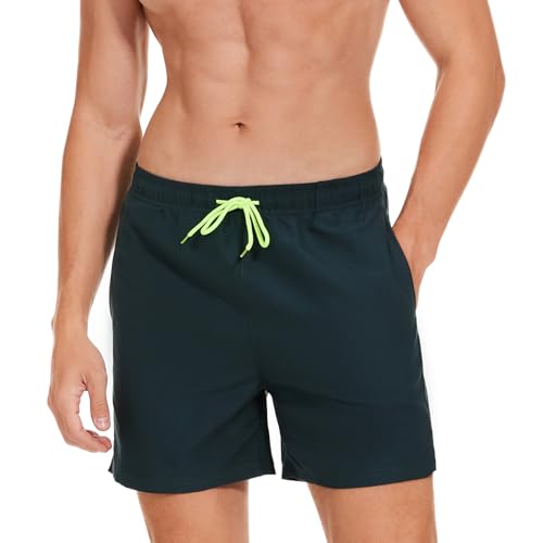 AMZSPORT Badehose Herren Wasserabweisend Badeshorts Schwimmhose mit Mesh-Futter und Taschen, Dunkelgrün M von AMZSPORT
