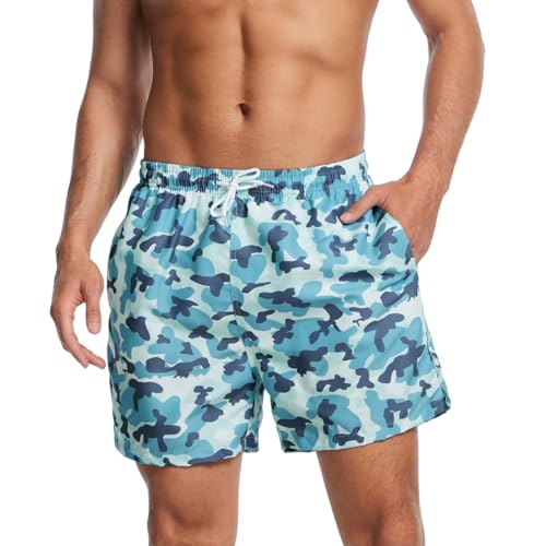 AMZSPORT Badehose Herren Wasserabweisend Badeshorts Schwimmhose mit Mesh-Futter und Taschen, Grün Tarnung XXL von AMZSPORT