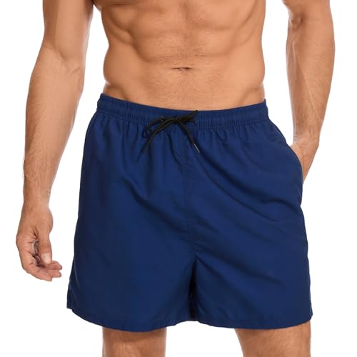 AMZSPORT Badehose Herren Wasserabweisend Badeshorts Schwimmhose mit Mesh-Futter und Taschen, Marineblau M von AMZSPORT