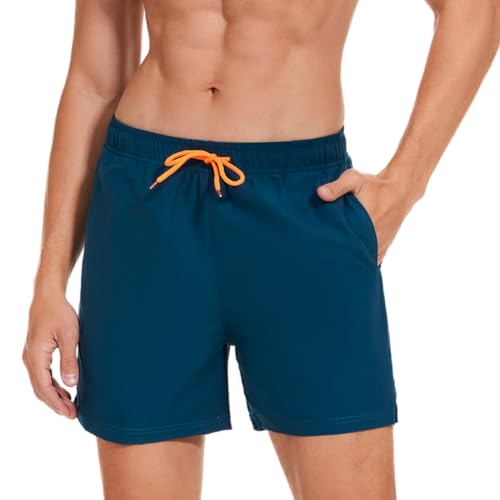 AMZSPORT Badehose Herren Wasserabweisend Badeshorts Schwimmhose mit Mesh-Futter und Taschen, Pfauenblau M von AMZSPORT