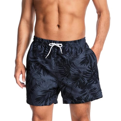 AMZSPORT Badehose Herren Wasserabweisend Badeshorts Schwimmhose mit Mesh-Futter und Taschen, Schwarz Blatt M von AMZSPORT