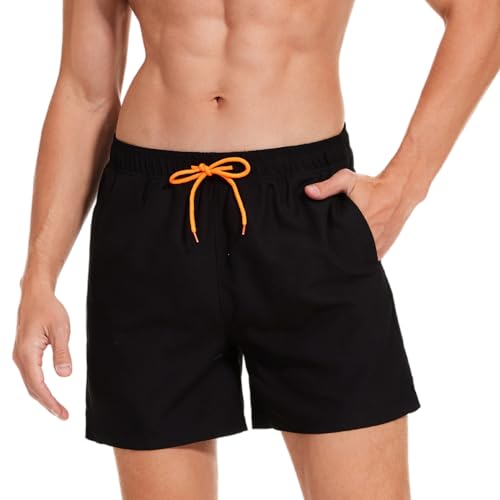 AMZSPORT Badehose Herren Wasserabweisend Badeshorts Schwimmhose mit Mesh-Futter und Taschen, Schwarz L von AMZSPORT