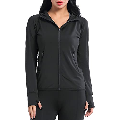 AMZSPORT Damen Laufjacke Sportjacke Langarm Kapuzenjacke Sweatjacke für Yoga Fitness Schwarz L von AMZSPORT