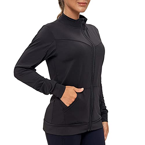 AMZSPORT Damen Laufjacke Sportjacke Langarm Trainingsjacke Sweatjacke mit Tasche Für Fitness Yoga, Schwarz M von AMZSPORT