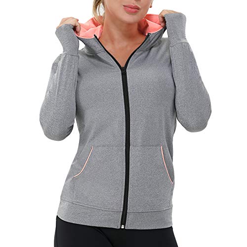 AMZSPORT Damen Laufjacke Sportjacke Langarm Trainingsjacke Sweatjacke mit Tasche Für Yoga Fitness Grau M von AMZSPORT