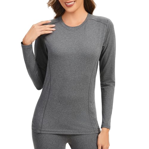 AMZSPORT Damen Thermo Langarmshirt Slim Fit Winter Warm Unterwäsche Funktionsshirt Basic Oberteil Thermounterwäsche Langarm Gebürstetes Fleece Grau M von AMZSPORT