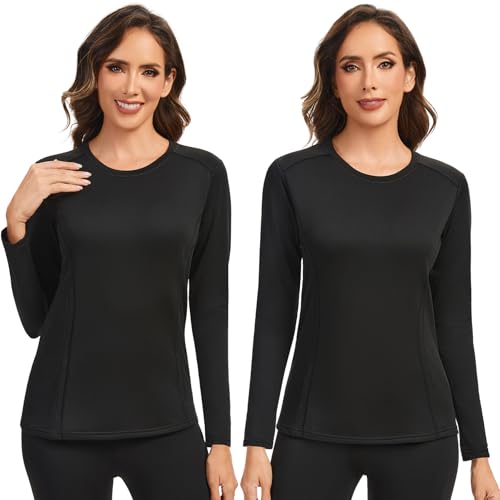 AMZSPORT Damen Thermo Langarmshirt Slim Fit Winter Warm Unterwäsche Funktionsshirt Basic Oberteil Thermounterwäsche Langarm Schwarz 2 Sets XL von AMZSPORT