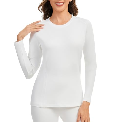AMZSPORT Damen Thermo Langarmshirt Slim Fit Winter Warm Unterwäsche Funktionsshirt Basic Oberteil Thermounterwäsche Langarm Weiß XL von AMZSPORT