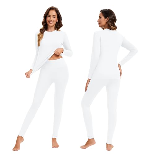 AMZSPORT Damen Thermounterwäsche Set, Atmungsaktive Funktionswäsche mit Innenfleece für Ski & Winter, Langarm Oberteil & Warme Unterwäsche Weiß M von AMZSPORT