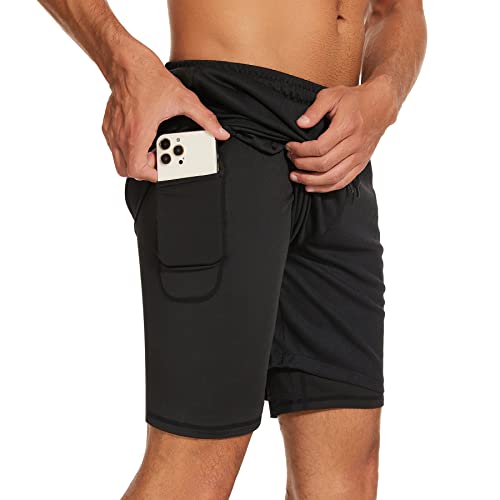 AMZSPORT Herren 2 in 1 Sport Shorts Kurze Laufhose Sporthose mit Reißverschlusstaschen, Schwarz XL von AMZSPORT