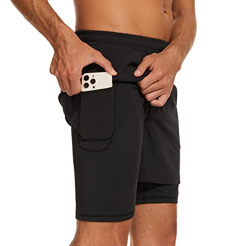 AMZSPORT Herren 2 in 1 Sport Shorts Kurze Sporthose Laufhose mit Reißverschlusstaschen, Schwarz S von AMZSPORT