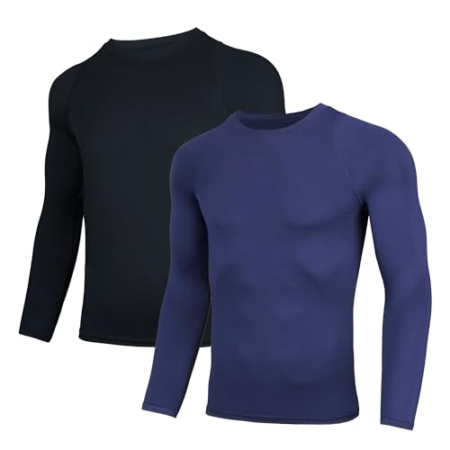 AMZSPORT Herren 2er Pack Kompressionsshirt Langarm Funktionsshirt Schnelltrocknendes Laufshirt Atmungsaktiv Sportshirt für Männer, Schwarzblau XXL von AMZSPORT