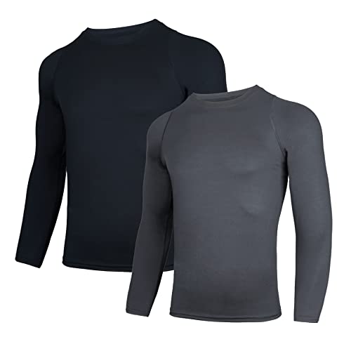 AMZSPORT Herren 2er Pack Kompressionsshirt Langarm Funktionsshirt Schnelltrocknendes Laufshirt Atmungsaktiv Sportshirt für Männer, Schwarzgrau，L von AMZSPORT