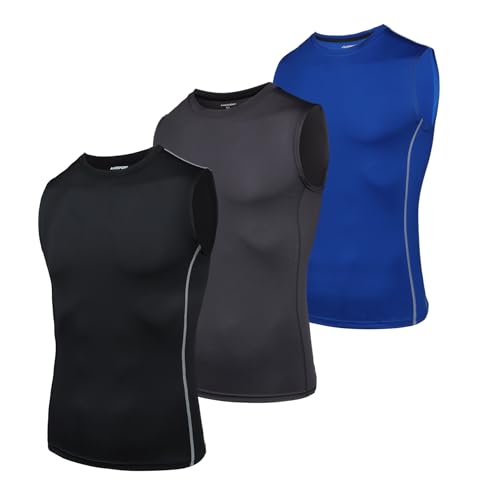 AMZSPORT Herren Kompressions-Tanktop Ärmellos Funktionsshirts Baselayer Unterhemd Schwarz Grau Blau (3er Pack) S von AMZSPORT