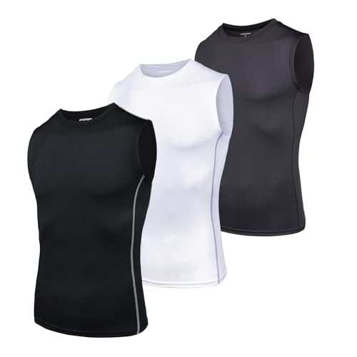 AMZSPORT Herren Kompressions-Tanktop Ärmellos Funktionsshirts Baselayer Unterhemd Schwarz Weiß Grau(3er Pack) L von AMZSPORT