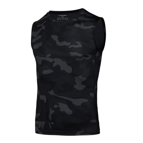 AMZSPORT Herren Kompressions-Tanktop Ärmellos Funktionsshirts Baselayer Unterhemd Schwarze Tarnung L von AMZSPORT