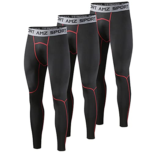 AMZSPORT Herren Kompressionshose Schnelltrocknende Laufhose Sporthose Atmungsaktive Trainingshose, Schwarz Rot (3er Pack) XXL von AMZSPORT