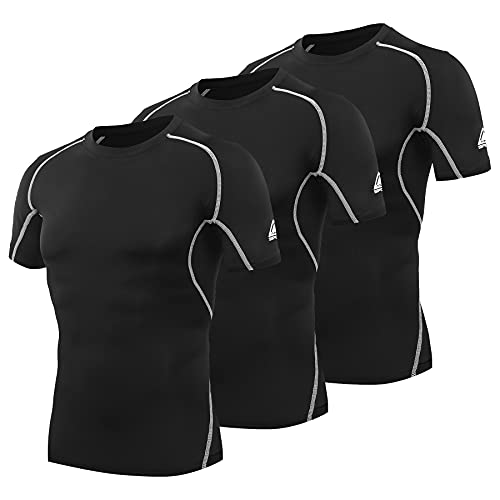 AMZSPORT Herren Kompressionsshirt 3er Pack Kurzarm Funktionsshirt Schnelltrocknend Fitness Top, Schwarz XL von AMZSPORT