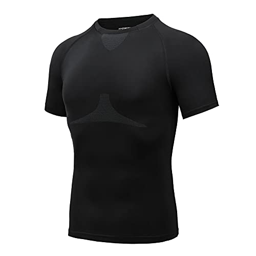 AMZSPORT Herren Kompressionsshirt Kurzarm Atmungsaktiv Funktionsshirt für Fitness Workout Laufen, Schwarz, XL von AMZSPORT