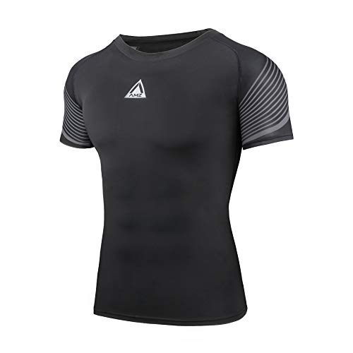 AMZSPORT Herren Kompressionsshirt Kurzarm Funktionsshirt Atmungsaktives Sportshirt Laufshirt, Schwarz, M von AMZSPORT